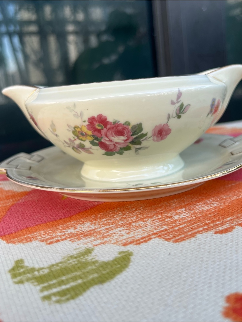 Vintage MECO Czechoslovakia Porcelain Gravy Boat Underplate Floral Gold Trim